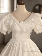 Satin Ball Gown Puffy Sleeves White V-Neck Wedding Dresses